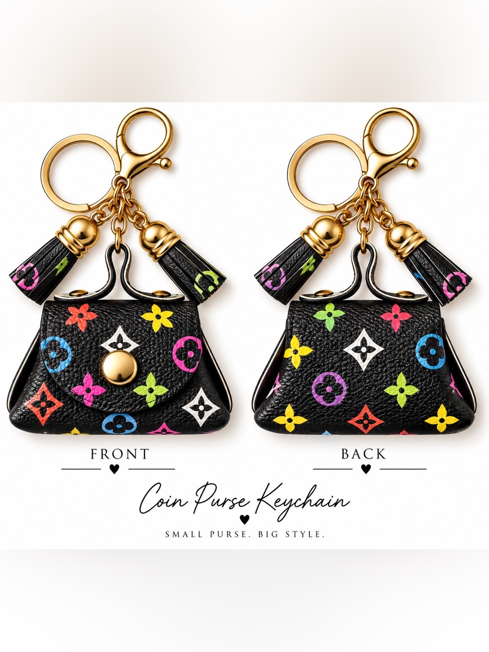 Luxury-Inspired Black Multicolor Coin Purse Keychain